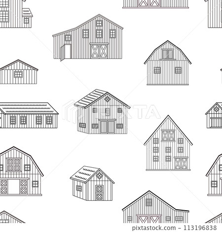Seamless pattern of outline barns. Black white outline texture of wooden houses on white background Seamless pattern of outline barns. Black white outline texture of wooden houses on white background 113196838