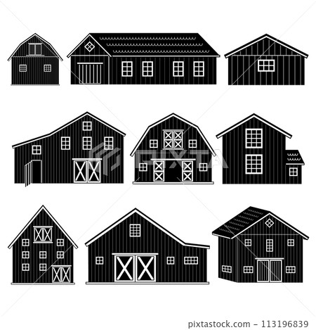 Big set of black white wooden storage barns or farmhouses with windows, doors. Isolated houses icons or logos on the white background 113196839