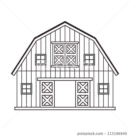 Black white monochrome line wooden barn with a gate. Isolated vector illustration on white background for coloring book or logo Black white monochrome line wooden barn with a gate. Isolated vector illustration on white background for coloring book or logo 113196840