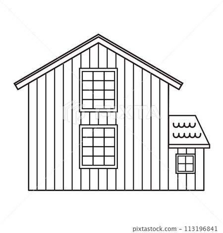 Simple black white monochrome line wooden barn for coloring book. Isolated vector illustration on white background Simple black white monochrome line wooden barn for coloring book. Isolated vector illustration on white background 113196841
