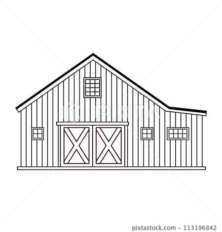 Black and white geometrical monochrome contour line wooden barn or farmhouse. Isolated vector exterior house illustration on white background for coloring book or pages 113196842