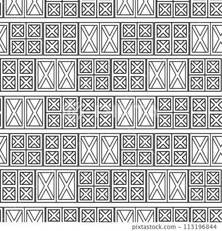 Geometrical seamless pattern of wooden doors. Black white outline texture of wooden houses on white background Geometrical seamless pattern of wooden doors. Black white outline texture of wooden houses on white background 113196844