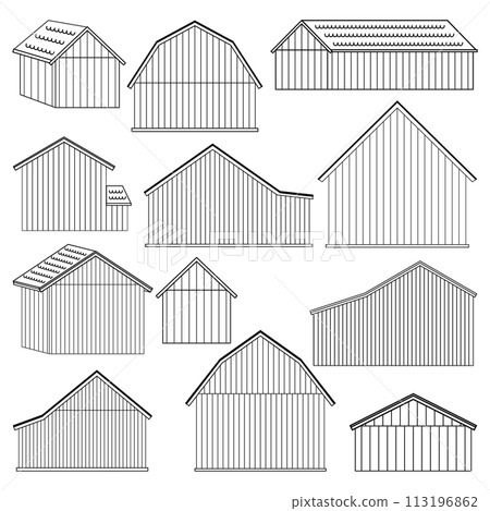 Big set of wooden outline houses or barns without doors and windows. Isolated vector illustrations on white background for constructor or coloring book 113196862