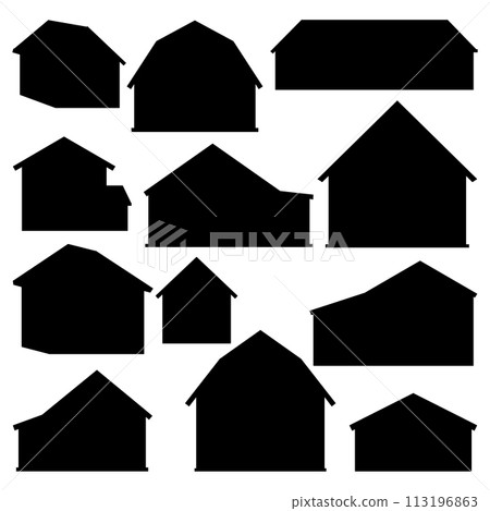 Big black barn silhouette set. Different farm houses or barns. Vector collection of illustration of wooden hand drawn buildings 113196863