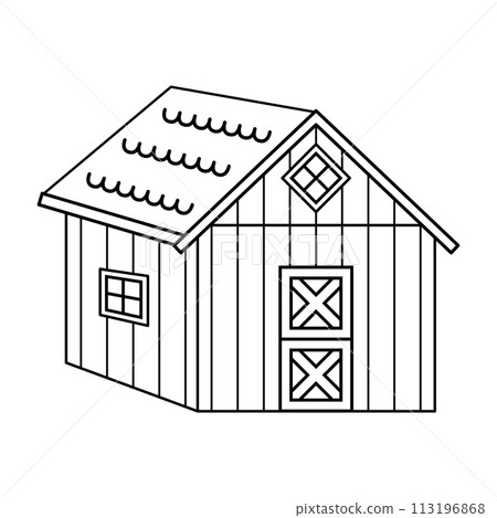 Black white small outline wooden house or barn, door is closed. Vector hand drawn isolated illustration for coloring book 113196868