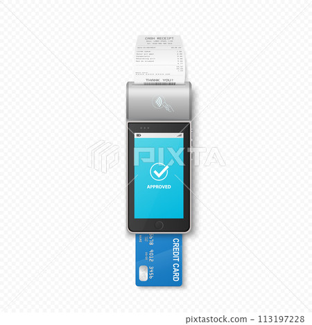 Vector 3D Realistic NFC Payment Terminal with Payment Receipt, Credit Card. Payment Machine - Approved Status. Design Template for Bank Payment Contactless Terminal. Mockup of a POS Terminal. Top View Vector 3D Realistic NFC Payment Terminal with Payment Receipt, Credit Card. Payment Machine - Approved Status. Design Template for Bank Payment Contactless Terminal. Mockup of a POS Terminal. Top View 113197228