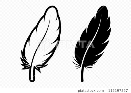 Vector Black and White Fluffy Feather Logo Icons. Silhouette Feather Set Closeup Isolated. Design Template of Flamingo, Angel, Bird Feather. Lightness and Freedom Concept 113197237