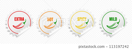 Realistic Vector Round Stickers with Spicy Chili Pepper Icon, Food Spicy Level. Red, Orange, Yellow, Green Jalapeno Pepper Strength Scale Sticker Indicators with Mild, Spicy, Hot and Extra Positions Realistic Vector Round Stickers with Spicy Chili Pepper Icon, Food Spicy Level. Red, Orange, Yellow, Green Jalapeno Pepper Strength Scale Sticker Indicators with Mild, Spicy, Hot and Extra Positions 113197242