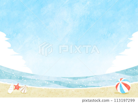 Summer sea watercolor background frame Landscape illustration of sandy seashells and beach ball Summer sea watercolor background frame Landscape illustration of sandy seashells and beach ball 113197299