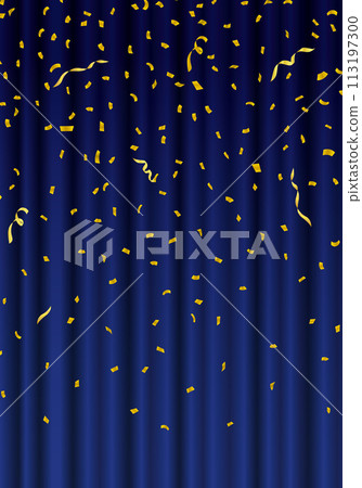 藍色窗簾，飄落的五彩紙屑，藍色窗簾，垂直 113197300