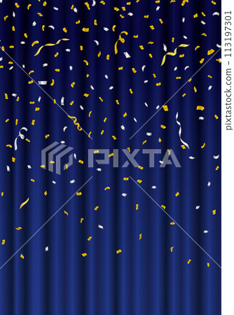 藍色窗簾，飄落的五彩紙屑，藍色窗簾，垂直 113197301