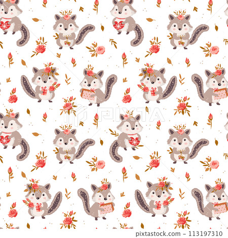 Cute cartoon chipmunk hackee with acorns, hearts and rose flowers gift seamless pattern. 113197310