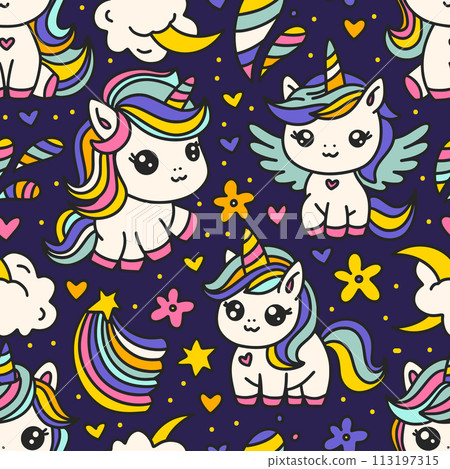 Cute Cartoon Unicorns Seamless Pattern. Unicorn Animal And Rainbow. Kids Birthday Baby Shower 113197315