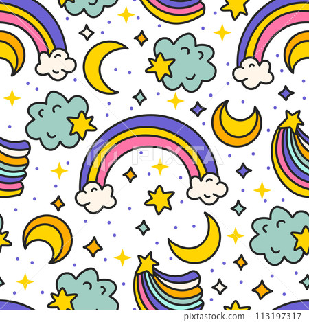 Cute Cartoon Rainbow Clouds and Moon Seamless Pattern. Starry Rainbow Sky. Kids Birthday And Baby Shower Vector Cute Cartoon Rainbow Clouds and Moon Seamless Pattern. Starry Rainbow Sky. Kids Birthday And Baby Shower Vector 113197317