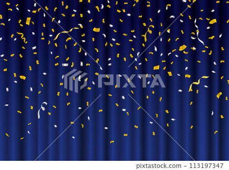 Blue curtain with falling confetti Blue curtain horizontal 113197347