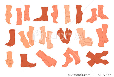 Bare human feet. Human barefoot legs in different poses, standing, walking and lying male or female legs flat vector illustration set. Back, front, side feet view Bare human feet. Human barefoot legs in different poses, standing, walking and lying male or female legs flat vector illustration set. Back, front, side feet view 113197456