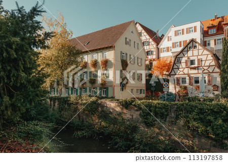 Old national German town house in Bietigheim-Bissingen, Baden-Wuerttemberg, Germany, Europe. Old Town is full of colorful and well preserved buildings. Old national German town house in Bietigheim-Bissingen, Baden-Wuerttemberg, Germany, Europe. Old Town is full of colorful and well preserved buildings. 113197858