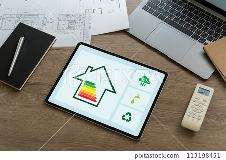 Energy Efficient House man use house icon with energy efficiency scale Invoice And Economy Energy Efficient House man use house icon with energy efficiency scale Invoice And Economy 113198451