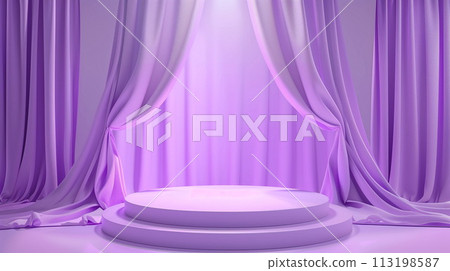 Empty stage or podium with lilac curtains behind. AI Generative 113198587