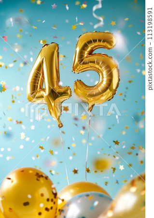 Golden helium floating balloons made in shape of number forty-five. Birthday party or wedding anniversary for 45 years celebration. AI Generative Golden helium floating balloons made in shape of number forty-five. Birthday party or wedding anniversary for 45 years celebration. AI Generative 113198591