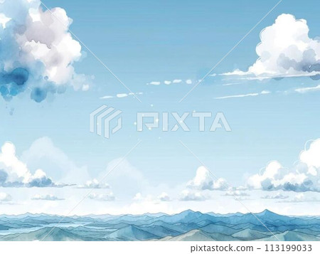 雲彩在清新的山脈上翩翩起舞的水彩風格插圖 113199033