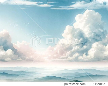 晨光中雲彩繚繞的山脈的水彩風格插圖 113199034