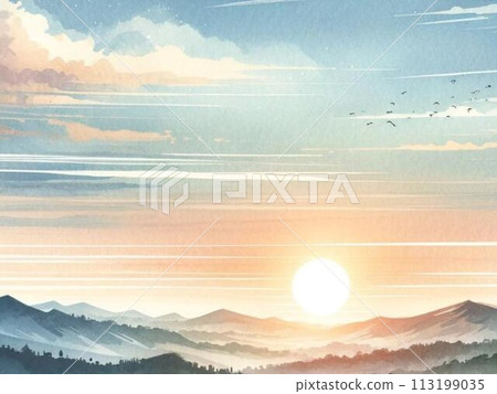 清晨的太陽從山上升起和一群鳥的水彩風格插圖 113199035