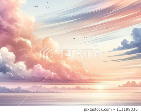 一幅寧靜的水彩風格插畫，描繪了夕陽下的雲和大海 113199036