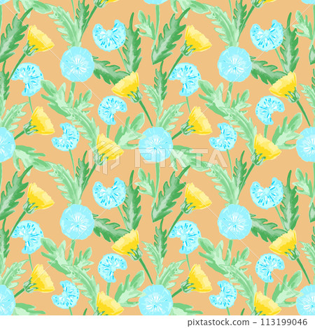 Watercolor dandelion field seamless pattern with light background for cover, packaging, fabric decorative design. Abstract texture. 113199046