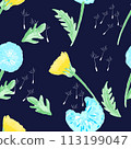 Watercolor dandelion field seamless pattern with dark background for cover, packaging, fabric decorative design. Abstract texture. 113199047
