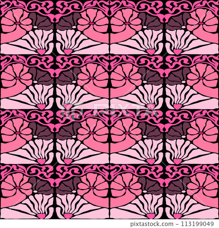 Groovy trendy pink floral seamless tile in Matisse vibes. Naive Floral Vector Background in 1970s. Art deco pattern. Can be used for Print on fabric, wrapping paper, wallpaper. 113199049