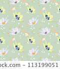 Windy flowers and petals in spring. Blooming midsummer meadow seamless pattern. Plant background for fashion, wallpapers, print. Liberty style millefleurs. Trendy floral design 113199051