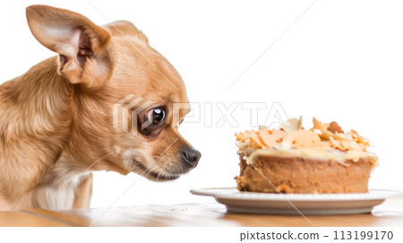 Funny chihuahua dog watching at birthday cake isolated on white. Copy space, AI Generative 113199170