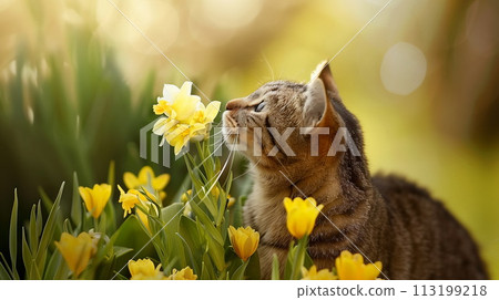 Tabby domestic cat sniffing yellow flowers at summer garden, AI Generative 113199218