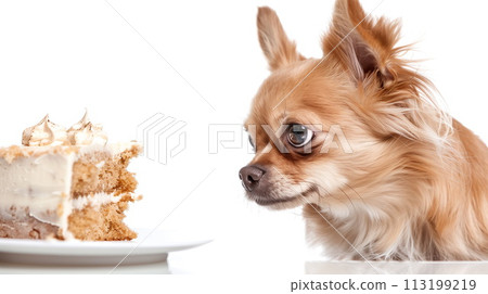 Cute chihuahua dog watching at piece of cake isolated on white. Copy space, AI Generative 113199219