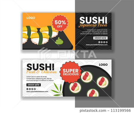 Sushi Japanese Food Horizontal Banner Flat Cartoon Hand Drawn Templates Background Illustration 113199566