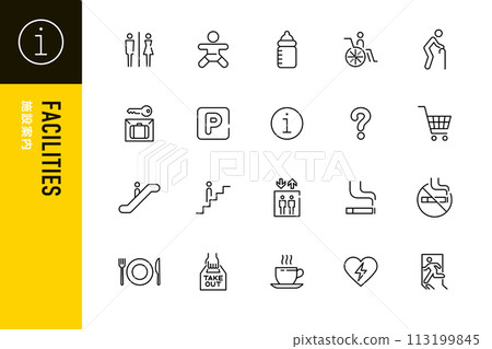 一套 20 個用於設施資訊的線條圖圖標 113199845