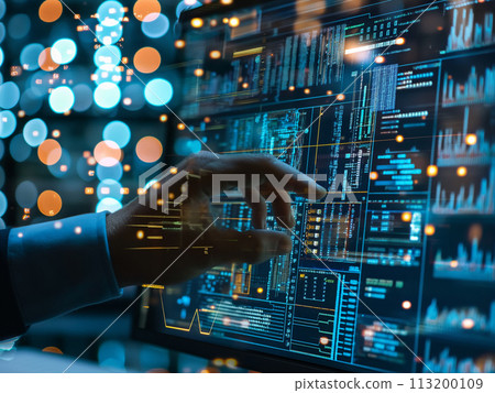 The photographer touches a digital chart on a screen to show the interplay between human and machine digitization of the financial industry. 113200109