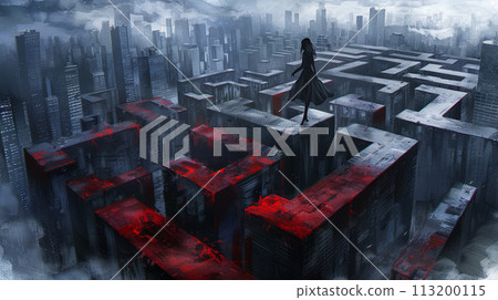 曲折:一個女人在夢中走過迷宮般的建築的屋頂。 曲折:一個女人在夢中走過迷宮般的建築的屋頂。 113200115