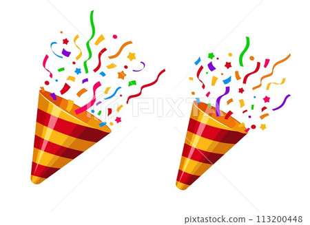 Popper striped cone with confetti, holiday party firecracker. Isolated vector birthday shooters eject a burst of colorful paper or foil, spreading cheer and creating a festive, celebratory atmosphere 113200448