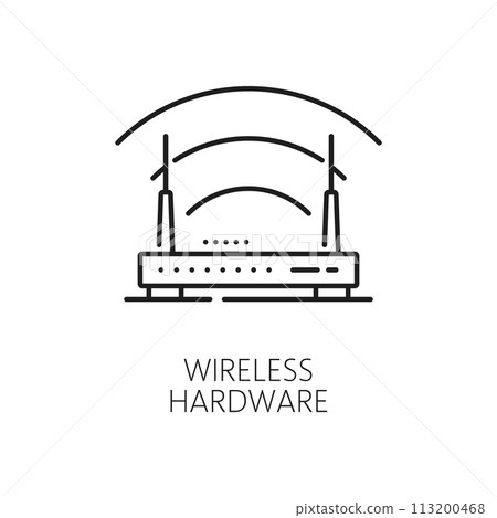 Electronics hardware, app development industry, computer software line icon. Web communication software and online connection technology hardware outline vector symbol with Internet wireless router 113200468