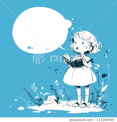 A girl reading a book and a speech bubble 113200499