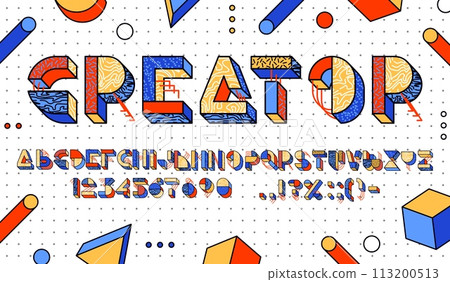 3D block font, memphis type of geometric 90s typeface script, vector traditional english alphabet. Modern geometric font or abstract type letters with creative memphis pattern sketch of cubic blocks 113200513