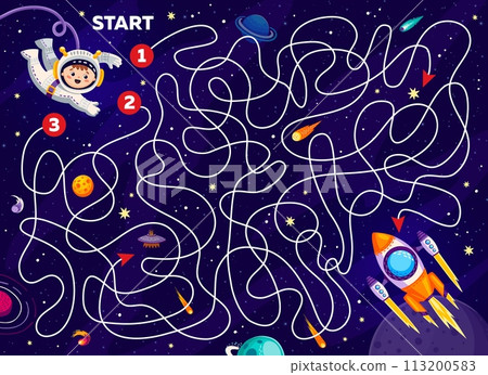 Kids space labyrinth maze game quiz with kid astronaut finding path to galaxy rocket, cartoon vector. Help kid spaceman to find way out to space shuttle in starry sky with alien UFO and asteroids 113200583