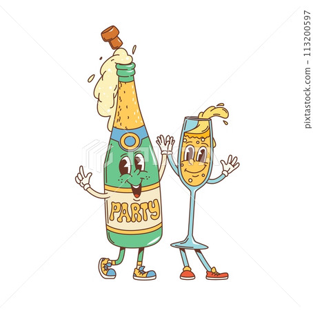 Retro cartoon groovy champagne characters celebrate party. Isolated vector sparkling wine bottle and glass personages rejoice with happy smiles, embodying carnival fun, disco-era vibe of 60s or 70s 113200597