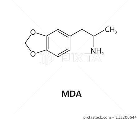 Organic drug formula, synthetic MDA molecule structure. Synthetic drug biomolecule compound, addictive narcotic biochemical model or illegal MDA substance molecule vector scheme Organic drug formula, synthetic MDA molecule structure. Synthetic drug biomolecule compound, addictive narcotic biochemical model or illegal MDA substance molecule vector scheme 113200644