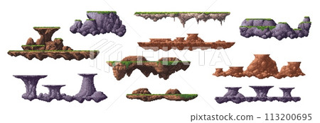 8 bit arcade pixel art game mountain and ground platforms, vector UI assets. Retro video and computer arcade game 2d pixelated rock platforms, floating stone islands and blocks with green grass, moss 113200695