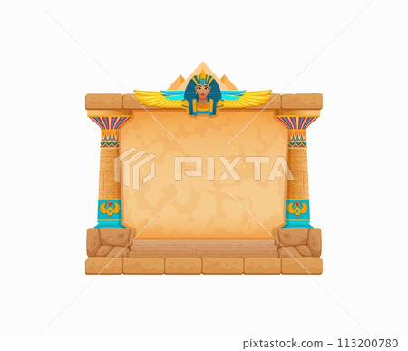Arcade game frame, ancient Egypt. Vintage Egyptian stone wall. Cartoon vector texture, past civilization construction with pillars and deity or pharaoh monument. Historical quiz, puzzle game gui asset Arcade game frame, ancient Egypt. Vintage Egyptian stone wall. Cartoon vector texture, past civilization construction with pillars and deity or pharaoh monument. Historical quiz, puzzle game gui asset 113200780