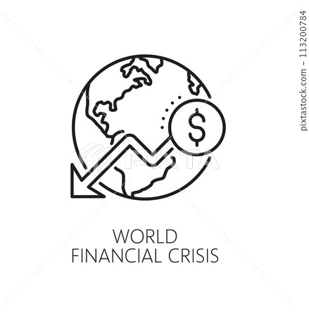 Global economic crisis and downturn line icon. Company crisis gander, economy money loss or financial bankruptcy problem linear vector pictogram with globe, dollar currency sign and down arrow Global economic crisis and downturn line icon. Company crisis gander, economy money loss or financial bankruptcy problem linear vector pictogram with globe, dollar currency sign and down arrow 113200784
