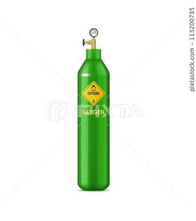 Realistic oxygen gas cylinder, compressed gas metal balloon. Isolated vector green, labeled tank with pressure valve and gauge, essential for respiration, medical and industrial applications. 113200785